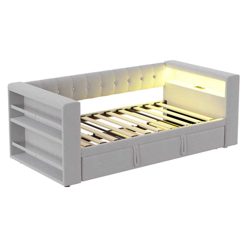 Divano letto multifunzionale 90/180x190 cm con LED, prese e vano contenitore, grigio chiaro