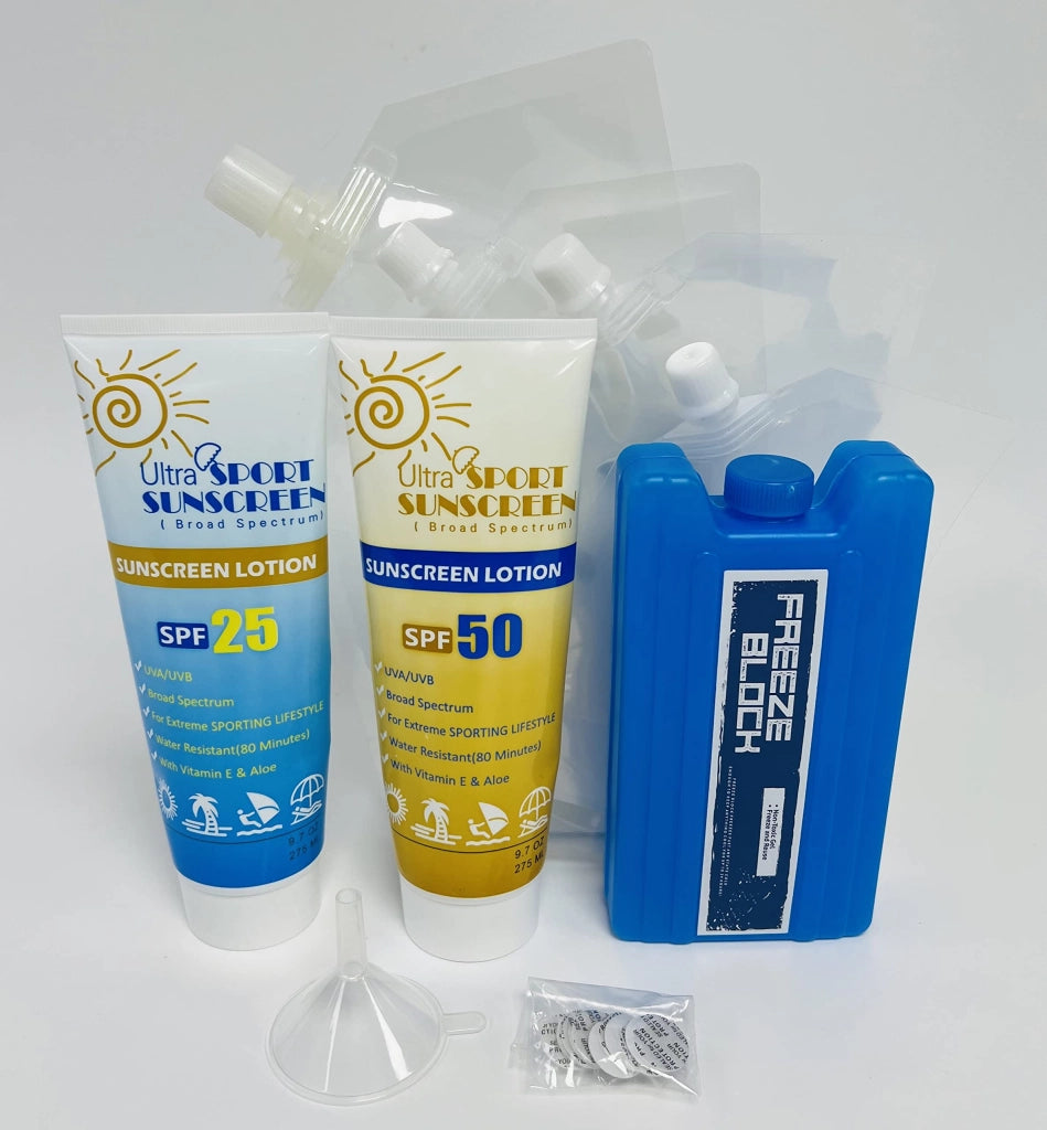 Set da viaggio segreto, composto da 7 elementi: 2 creme solari, 1 elemento refrigerante e 4 sacchetti