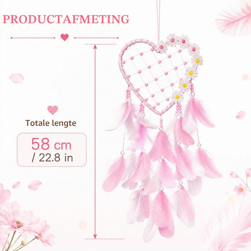 Cattura sogni a forma di cuore, decorata con margherite e piume, 15 cm, rosa