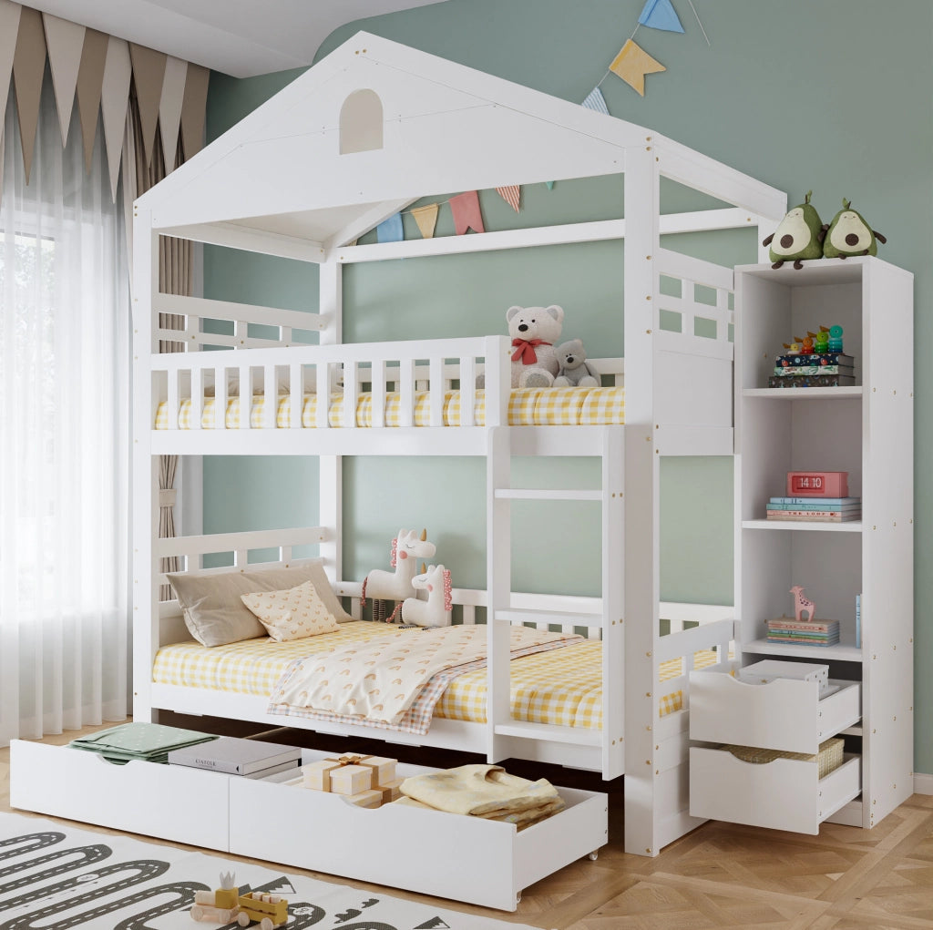 Letto a castello a casetta 90x200 cm bianco con cassetti