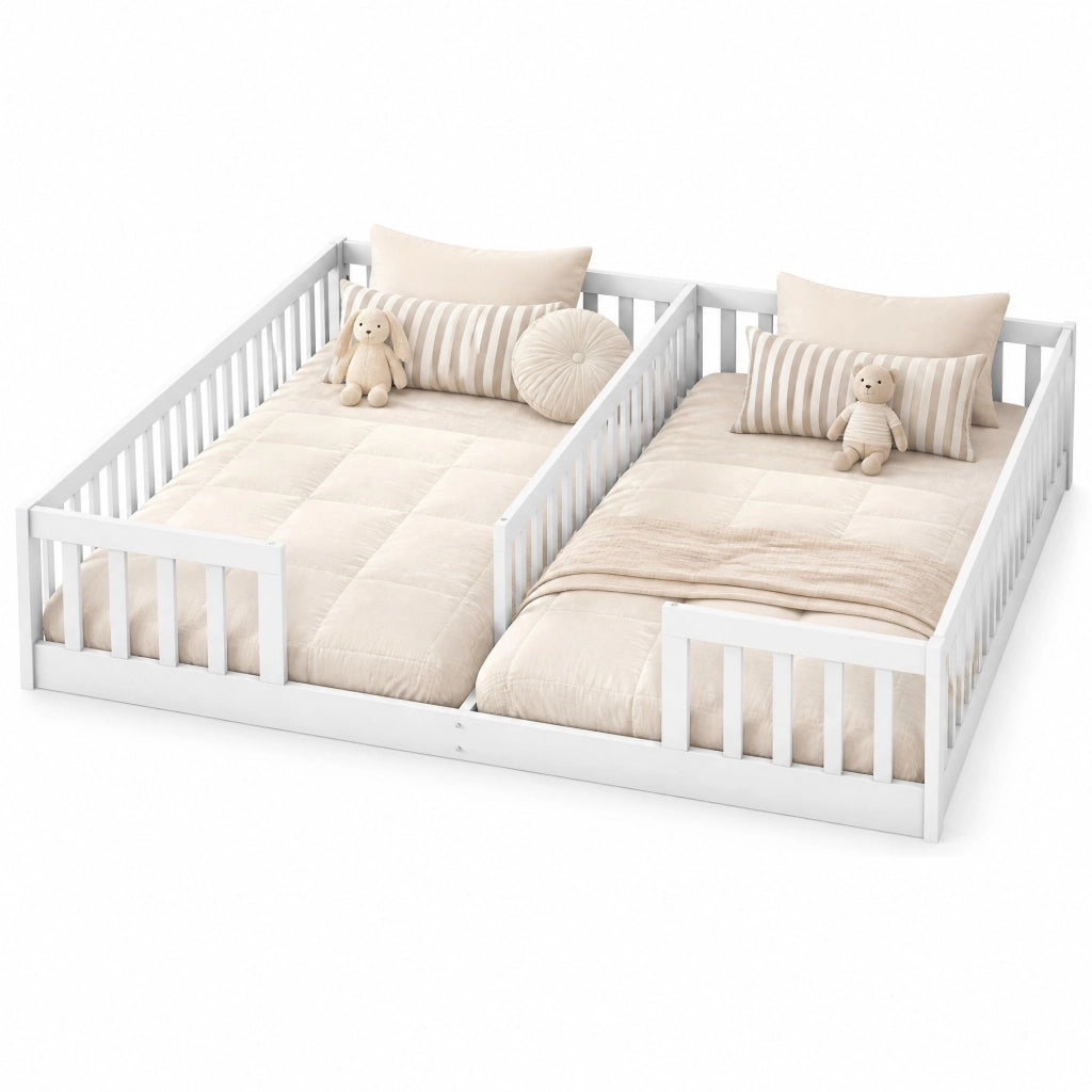 Letto basso per bambini ULEVR 90x200 cm con 2 posti e sponde di sicurezza, pino e MDF bianco