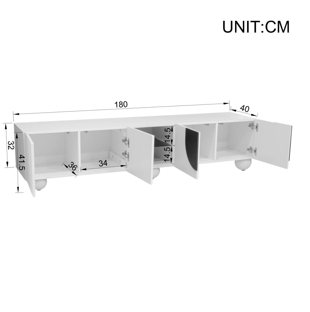 Mobile TV moderno bianco con ante push-to-open, 180x40x41,5 cm, in PB e MDF