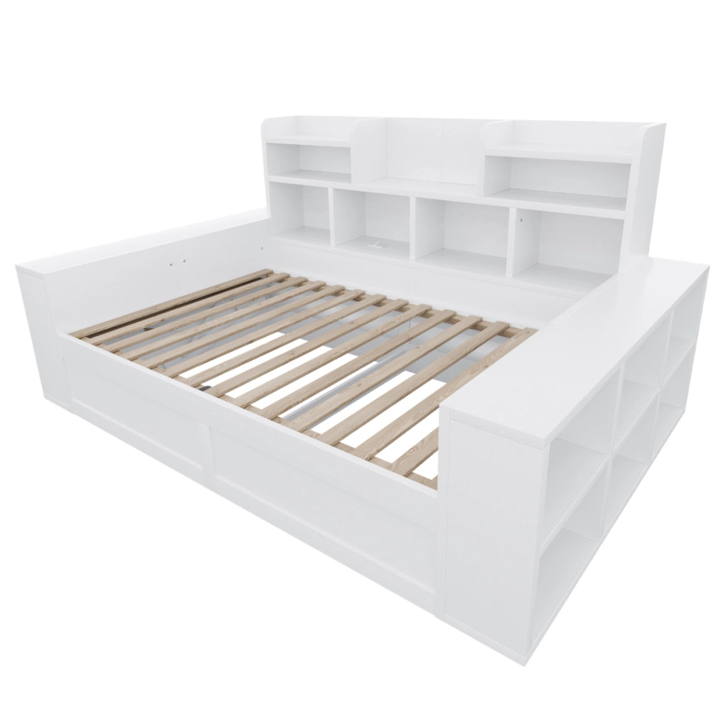 Divano letto singolo 90 x 200 cm bianco con contenitore, LED e prese