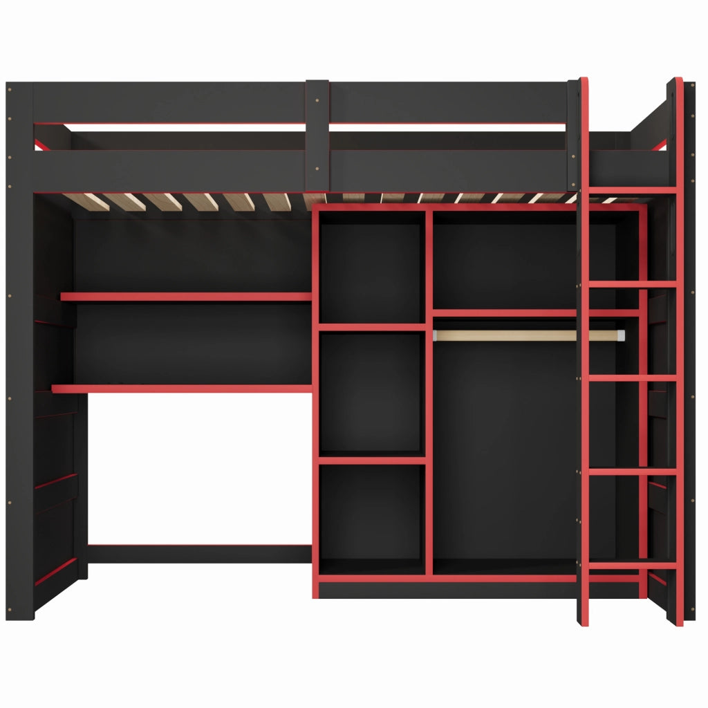 Letto a soppalco gaming 90x200 cm con scrivania e armadio, nero e rosso