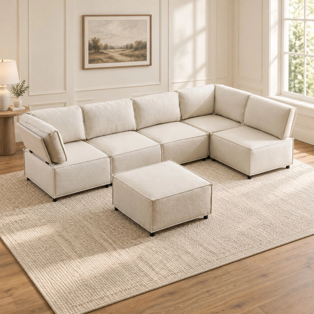 DIVANO angolare modulare 308x152x77 cm a 6 moduli beige con struttura in legno