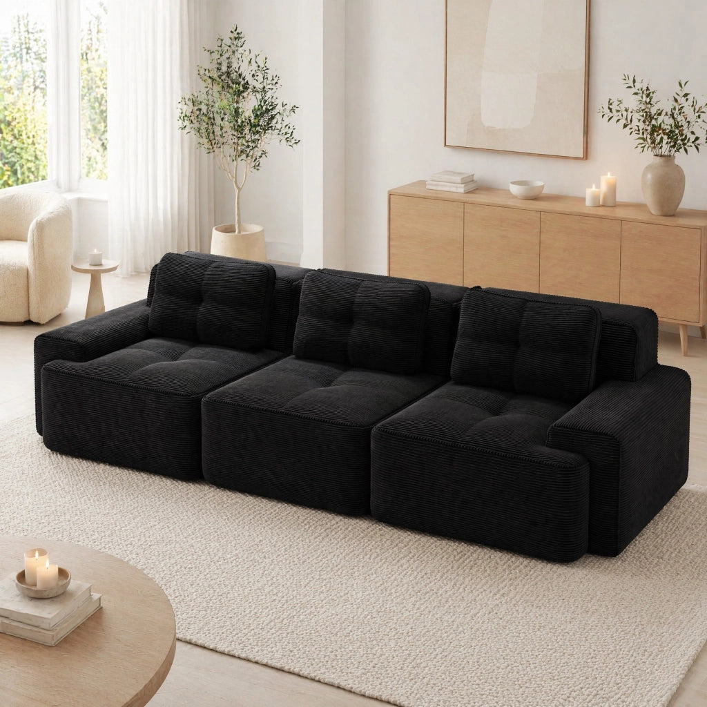 DIVANO Modulare in Velluto a Coste Nero 293x104x69 cm
