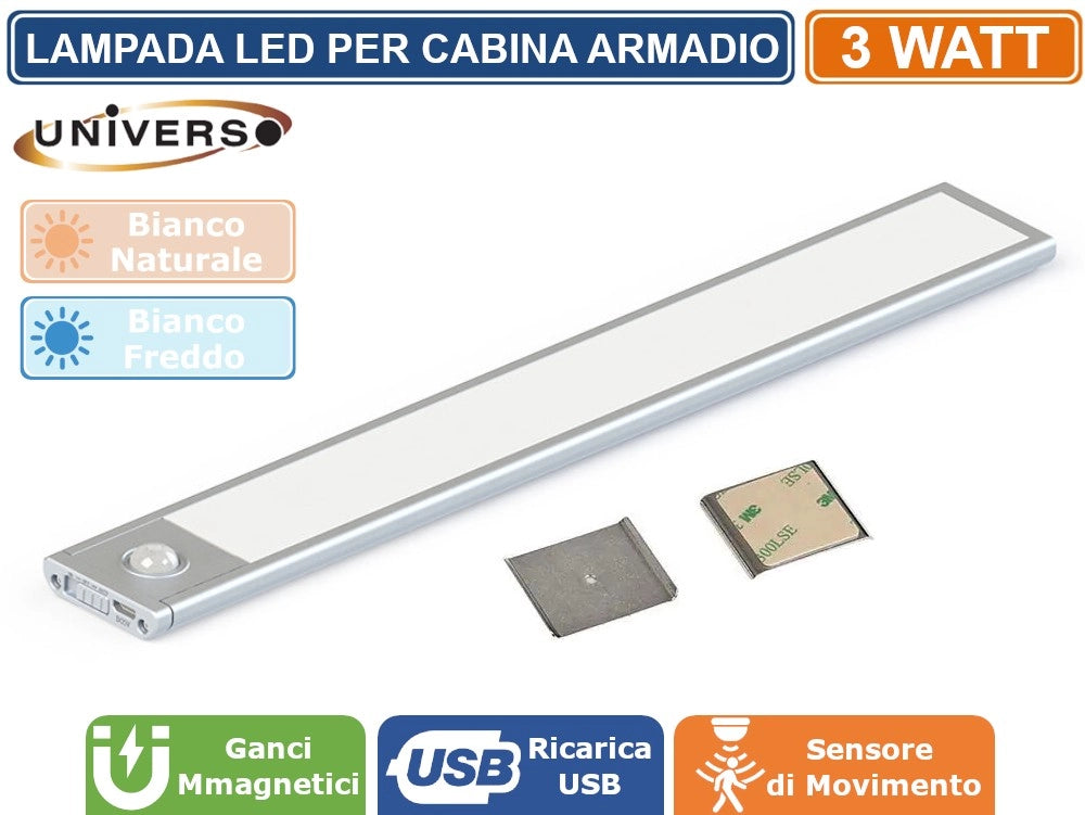 LAMPADA LED CALAMITATA DA PARETE PER CABINE ARMADIO 60CM ALIMENTATA A BATTERIE RICARICABILI CON SENSORE DI MOVIMENTO 3W 210 LUMEN - Colore Luce:Bianco Freddo
