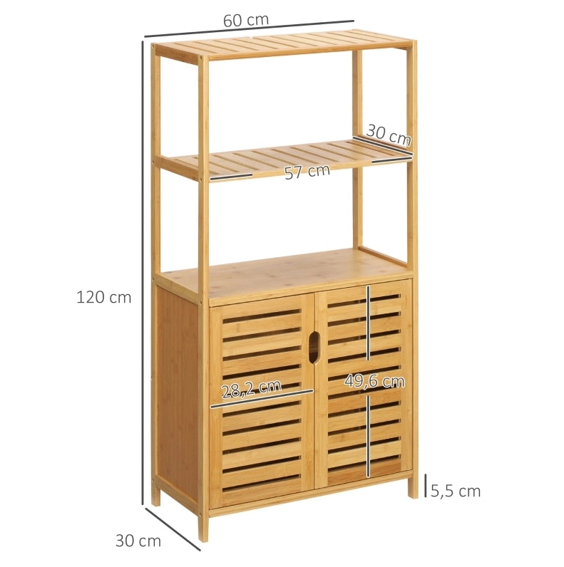 Mobile bagno in bambù con ante a lamelle, ripiani aperti, 60x30x120 cm, salvaspazio