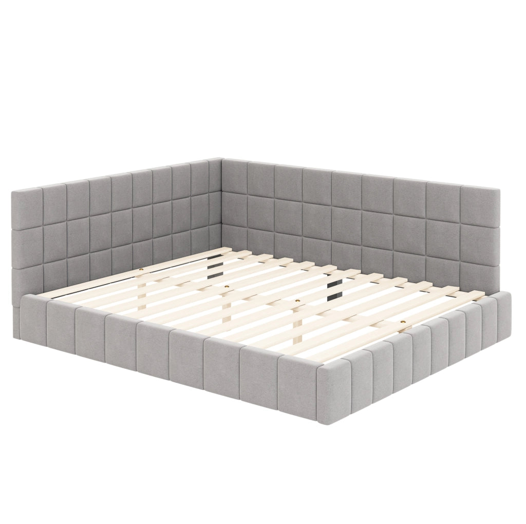 Divano letto imbottito in velluto grigio 160x200 con rete a doghe per camera da letto