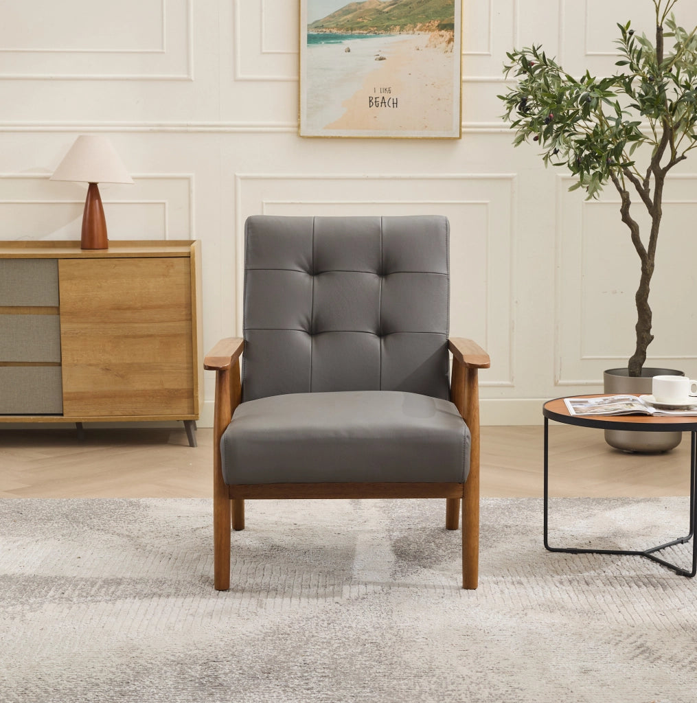 POLTRONA Lounge in pelle grigia e legno, con cuciture decorative