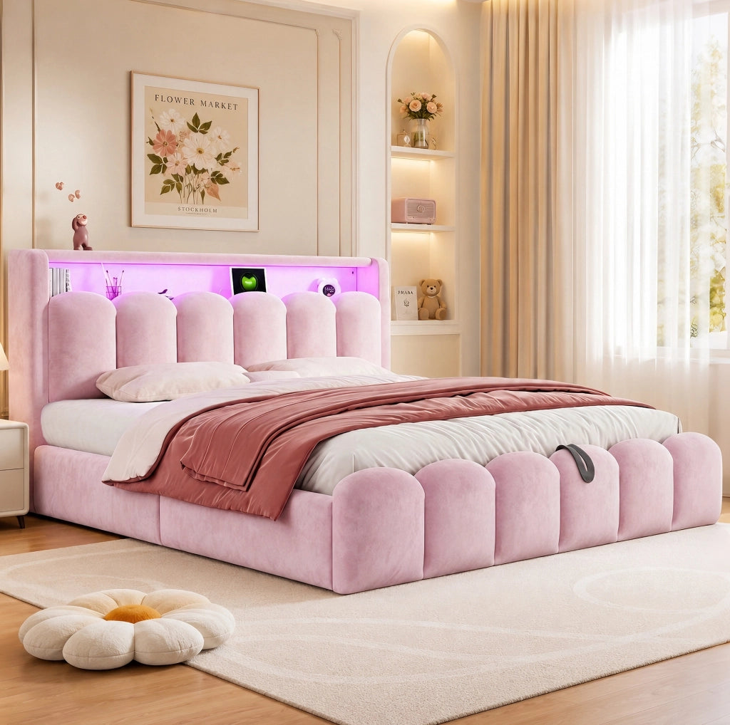 Letto imbottito rosa 180 x 200 cm con contenitore e luci integrate