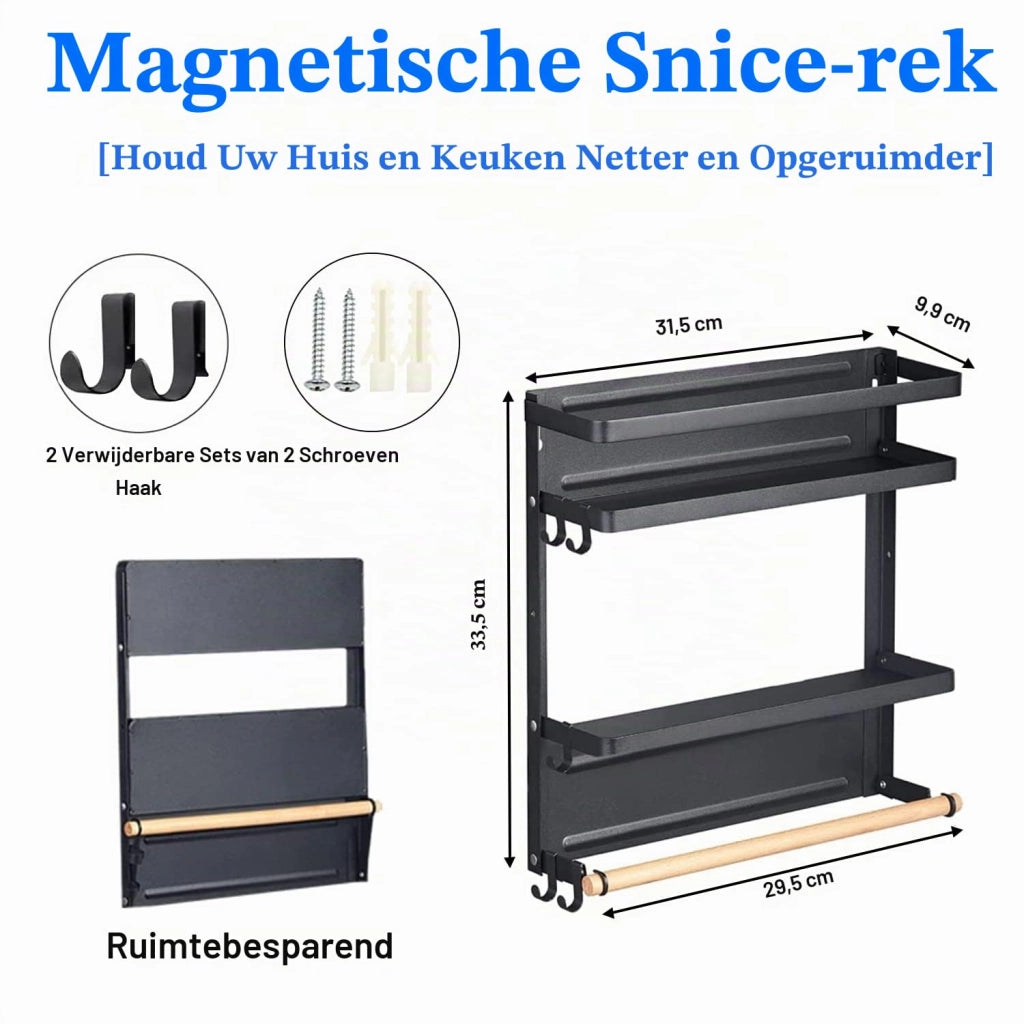 Scaffale magnetico per spezie, a 2 livelli, nero, con portarotolo di carta