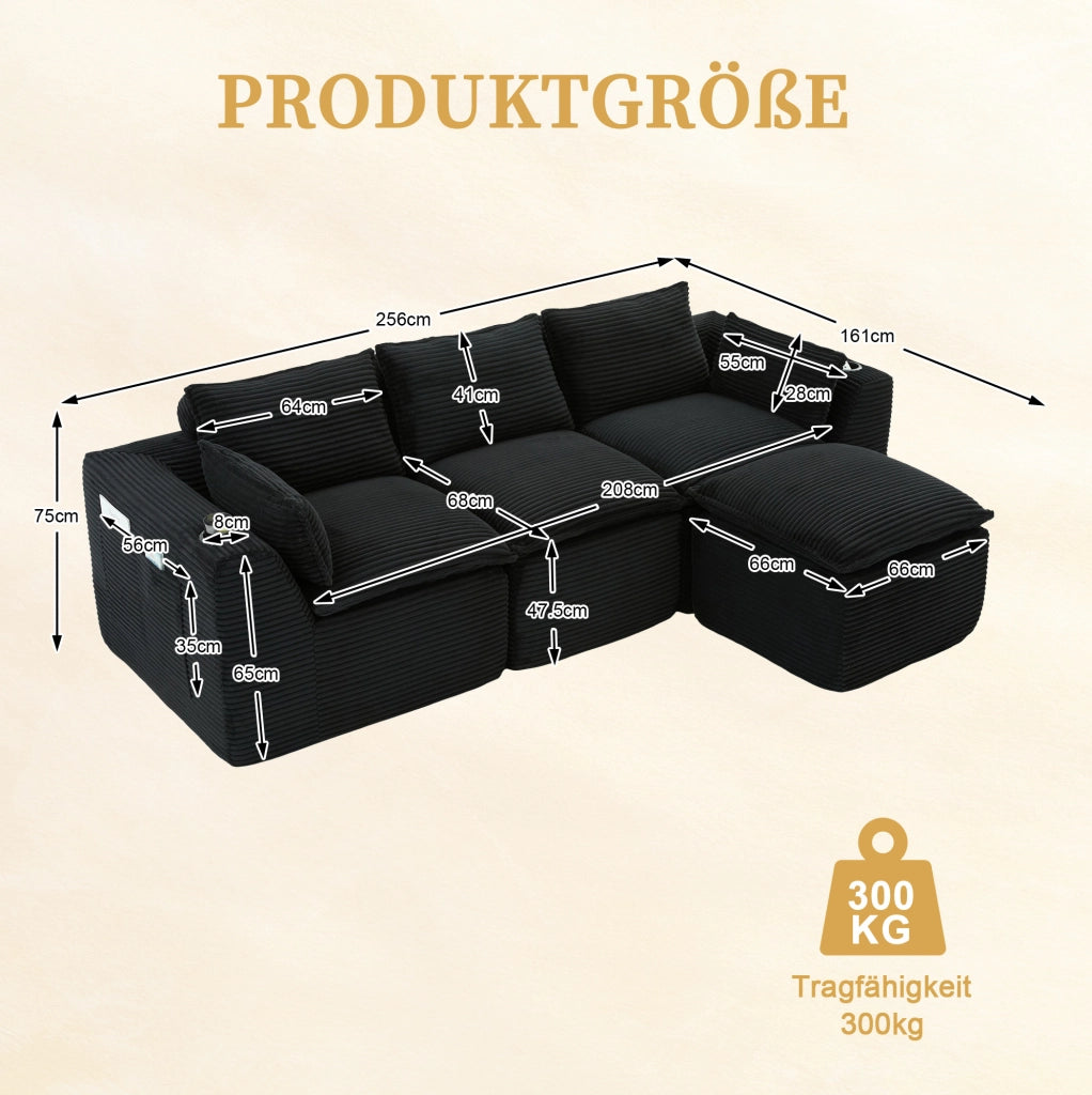 Divano modulare in velluto a coste nero con pouf, 256 cm