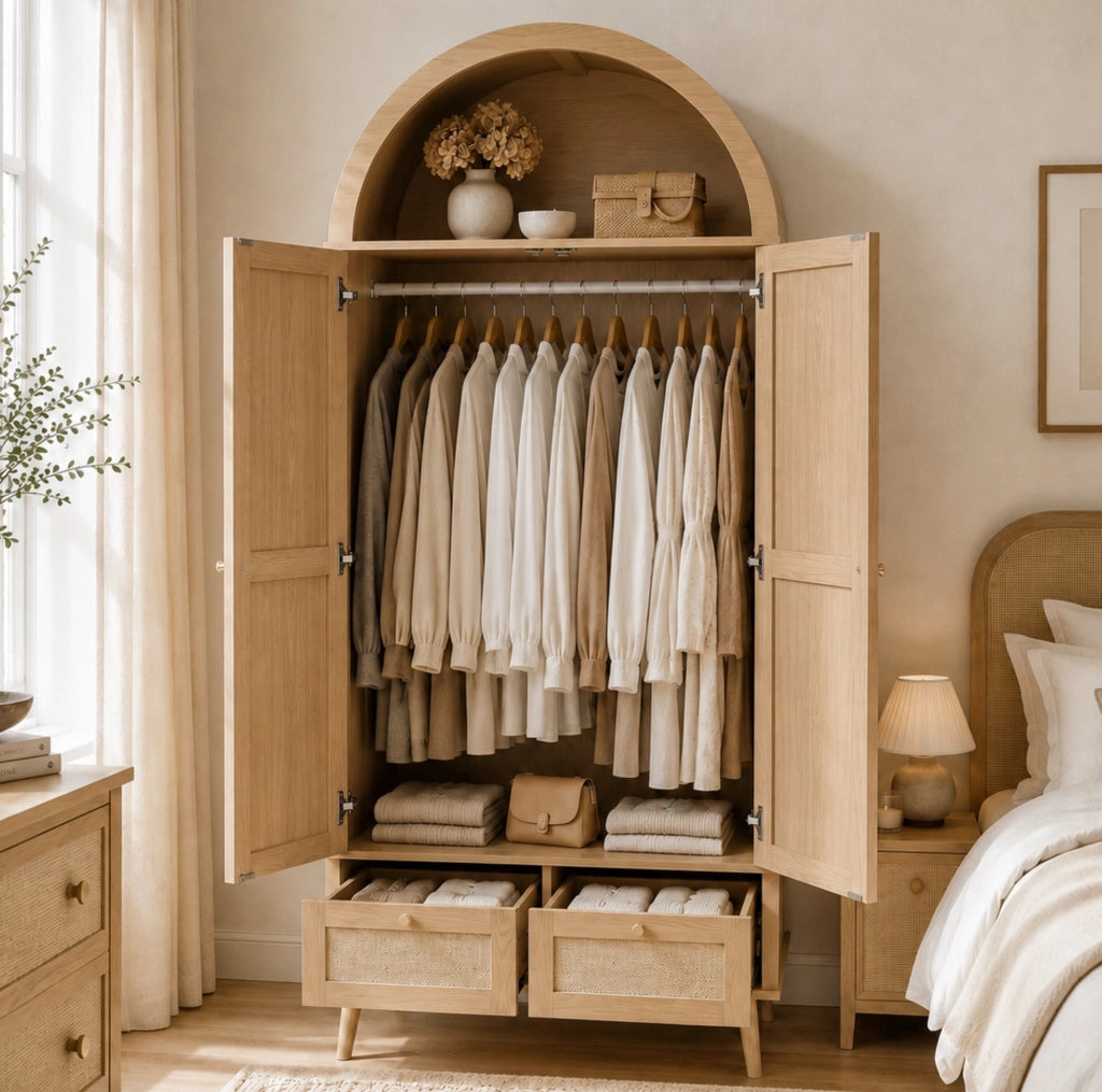 Armadio ad arco effetto rovere e rattan con 2 cassetti