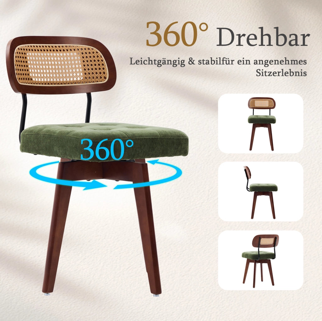 Sedia girevole verde in ciniglia con schienale in rattan