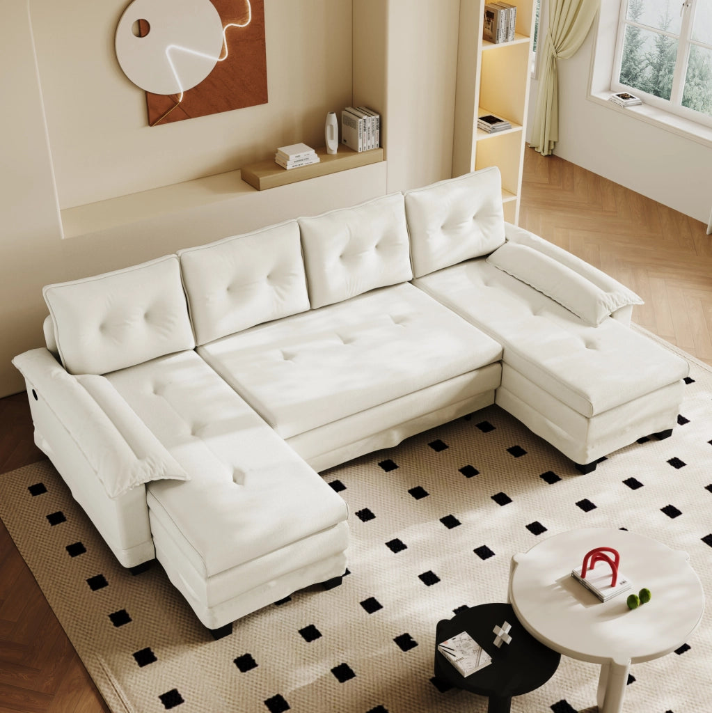 Divano letto modulare a U 278 cm in ciniglia beige con USB