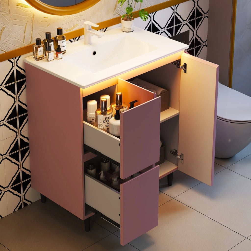 Mobile lavabo da bagno rosa 76 x 47 x 89 cm con lavabo in ceramica e luce LED