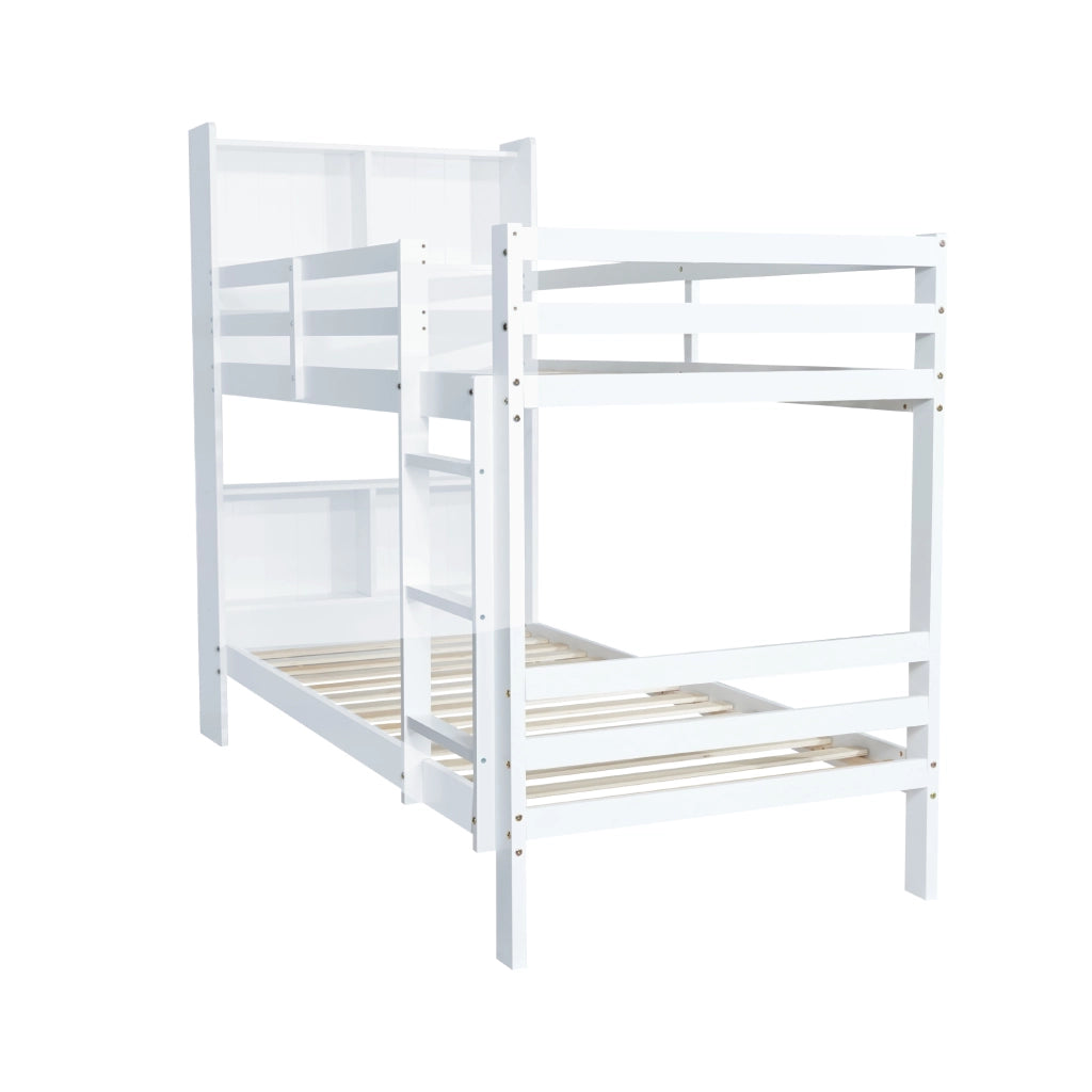 Letto a castello 90x200 cm salvaspazio con scaffali e scaletta; legno massello e MDF; bianco