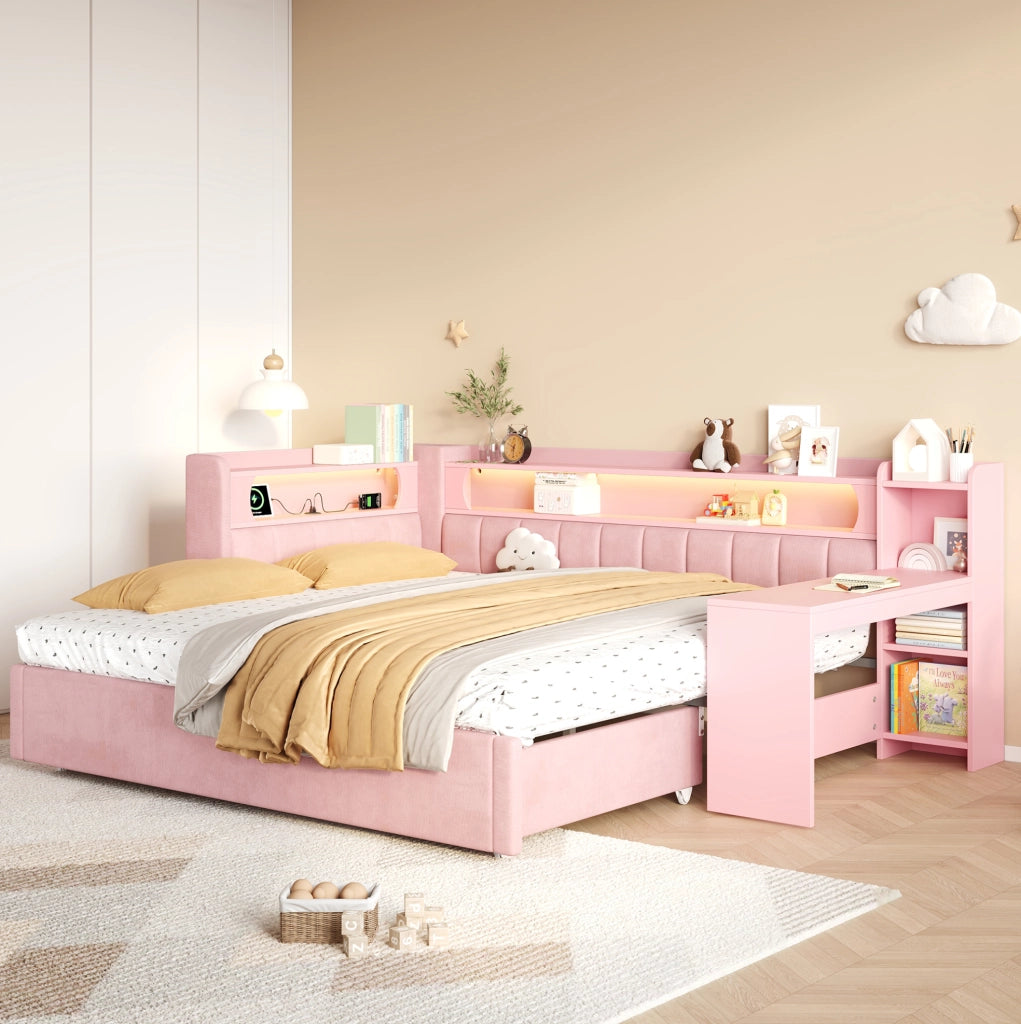 Letto imbottito rosa estensibile con scrivania, luci LED e prese USB