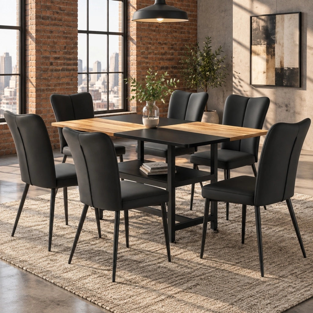 Set tavolo da pranzo IVMEU da 160 cm con ripiano e 4 sedie in similpelle, marrone e nero