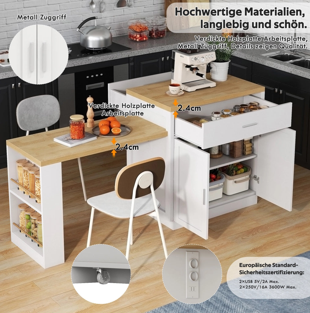Isola cucina bianca con tavolo estraibile, prese USB e vani