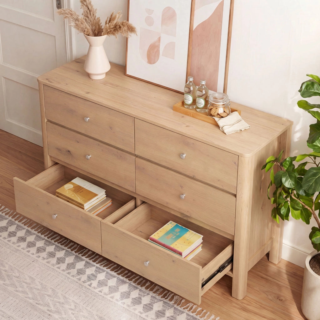 Cassettiera moderna a 6 cassetti effetto rovere, 120 × 40 × 80 cm