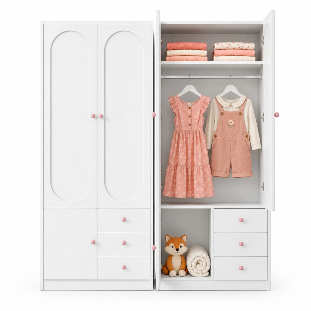 Armadio bianco in MDF con tre cassetti e maniglie rosa