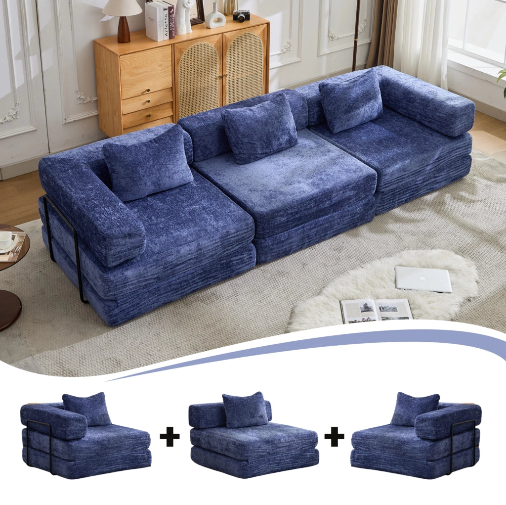 Divano letto componibile in ciniglia blu scuro, 300 x 100 x 63 cm