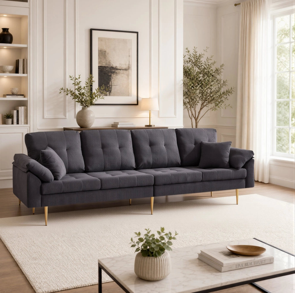 Divano 4 posti in velluto a coste grigio scuro con pouf, 250 cm