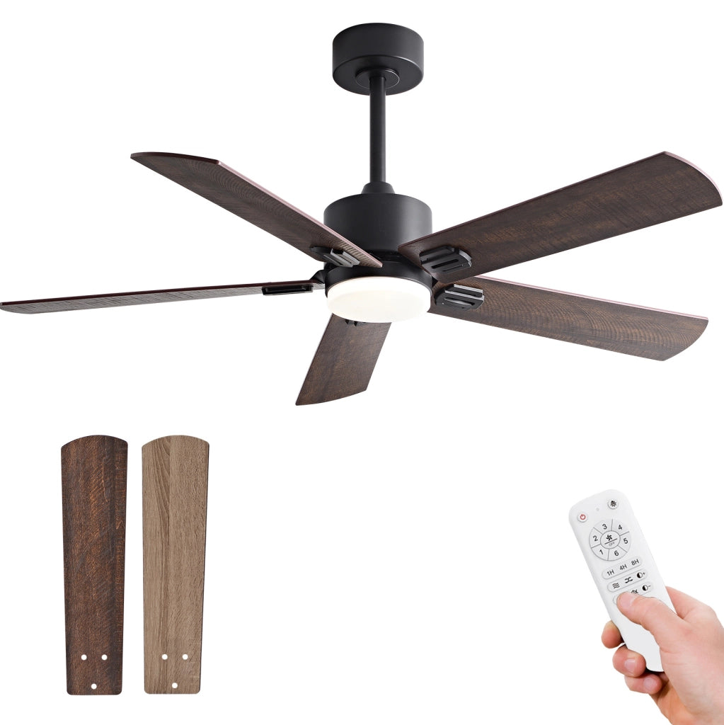 Ventilatore da soffitto 107 cm nero; metallo e legno con luce LED e telecomando