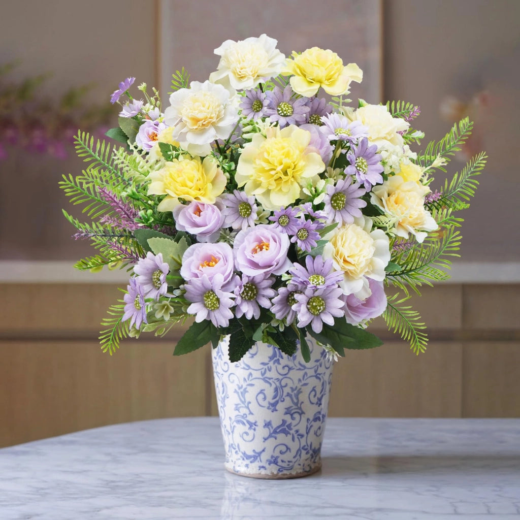 Composizione floreale artificiale, colore viola, con lilla, rose e lavanda, altezza 40 cm