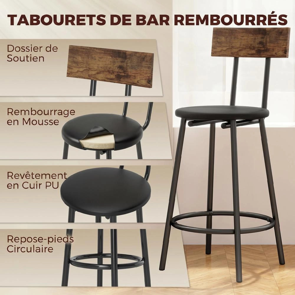 Set Tavolo da Bar con 2 Sgabelli Imbottiti in PU, Tavolo Alto Cucina Salvaspazio con Poggiapiedi, Design Moderno per Casa, Marrone