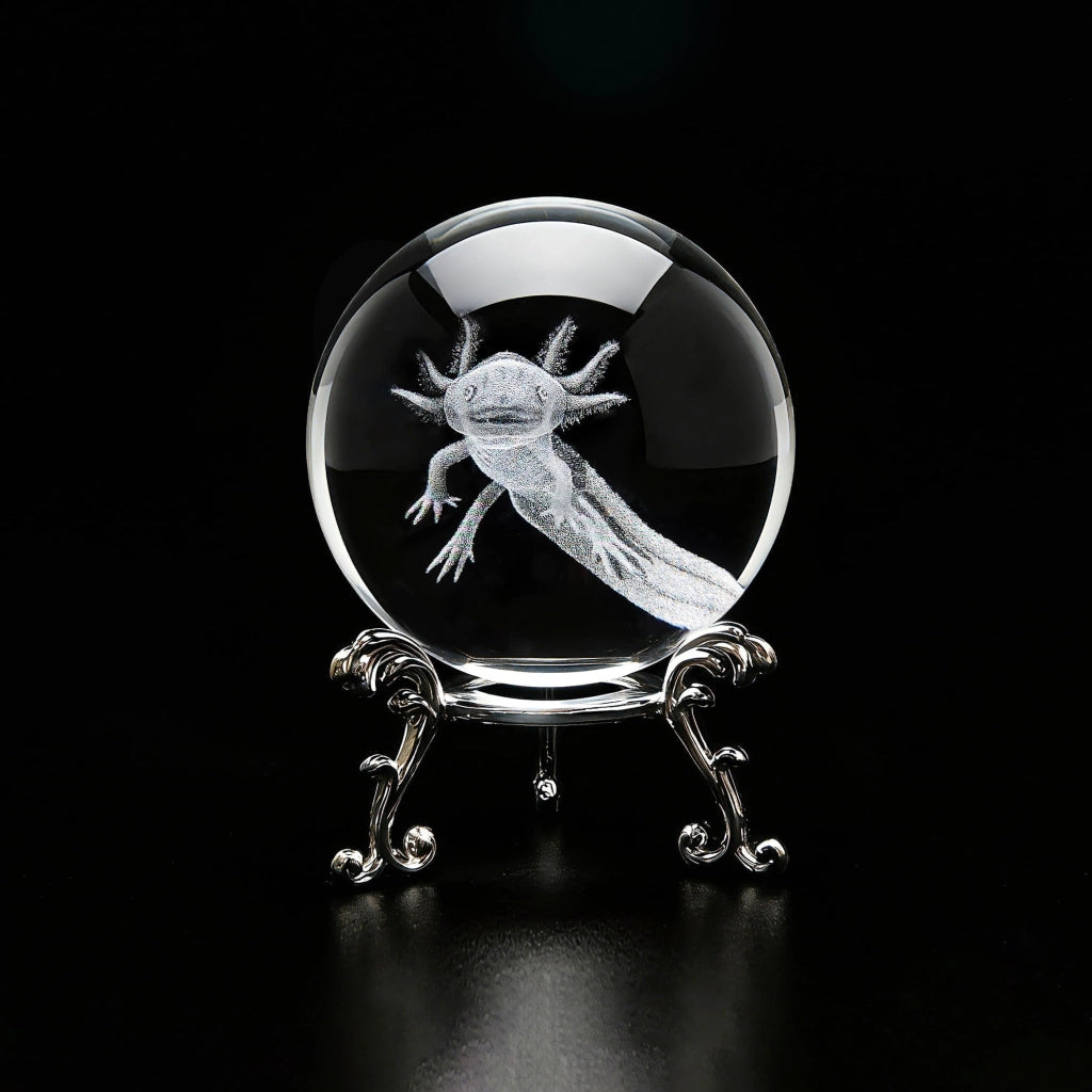 Axolotl, sfera di cristallo da 60 mm, sfera di vetro con incisione laser 3D e supporto