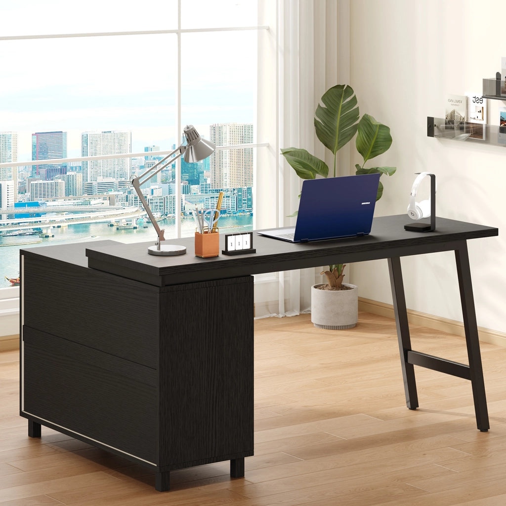 Scrivania angolare 150x100 cm nera e bianca in MDF con 3 cassetti