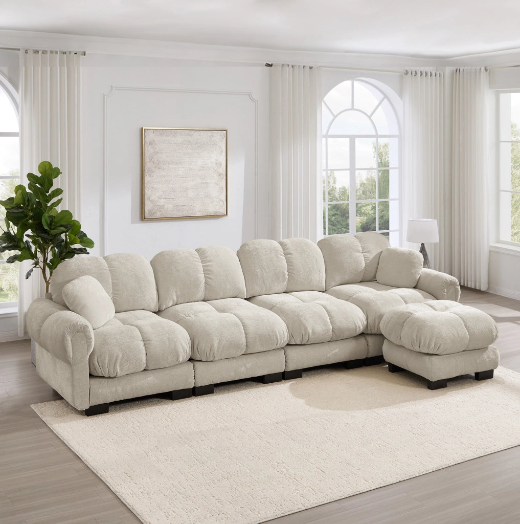 Divano modulare in ciniglia con pouf mobile, kaki chiaro