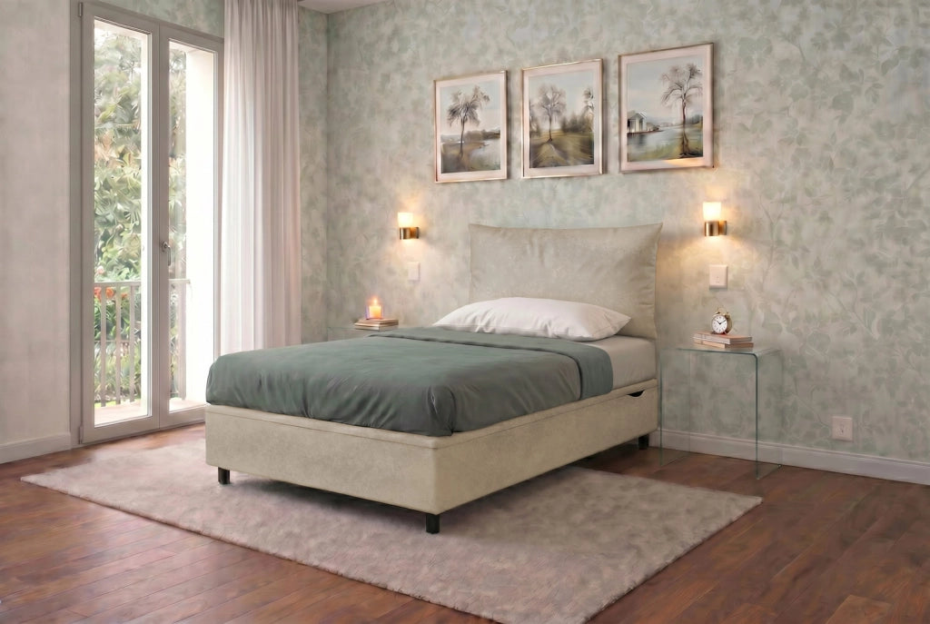 Letto 1 Piazza e Mezza Contenitore Imbottito 120x200 cm Microfibra Sabbia Boxmax Testata Soft