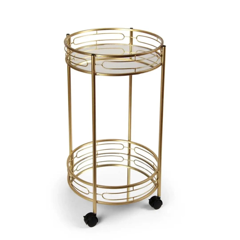 Carrello tondo in metallo oro con due ripiani e ruote Ø38x68 cm