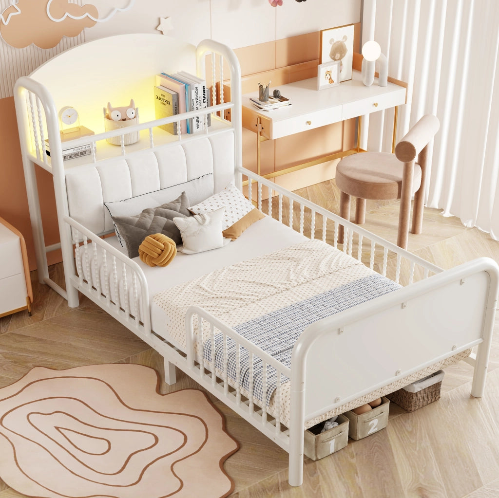 Letto singolo bambini 90x200 cm con LED e sponde, bianco