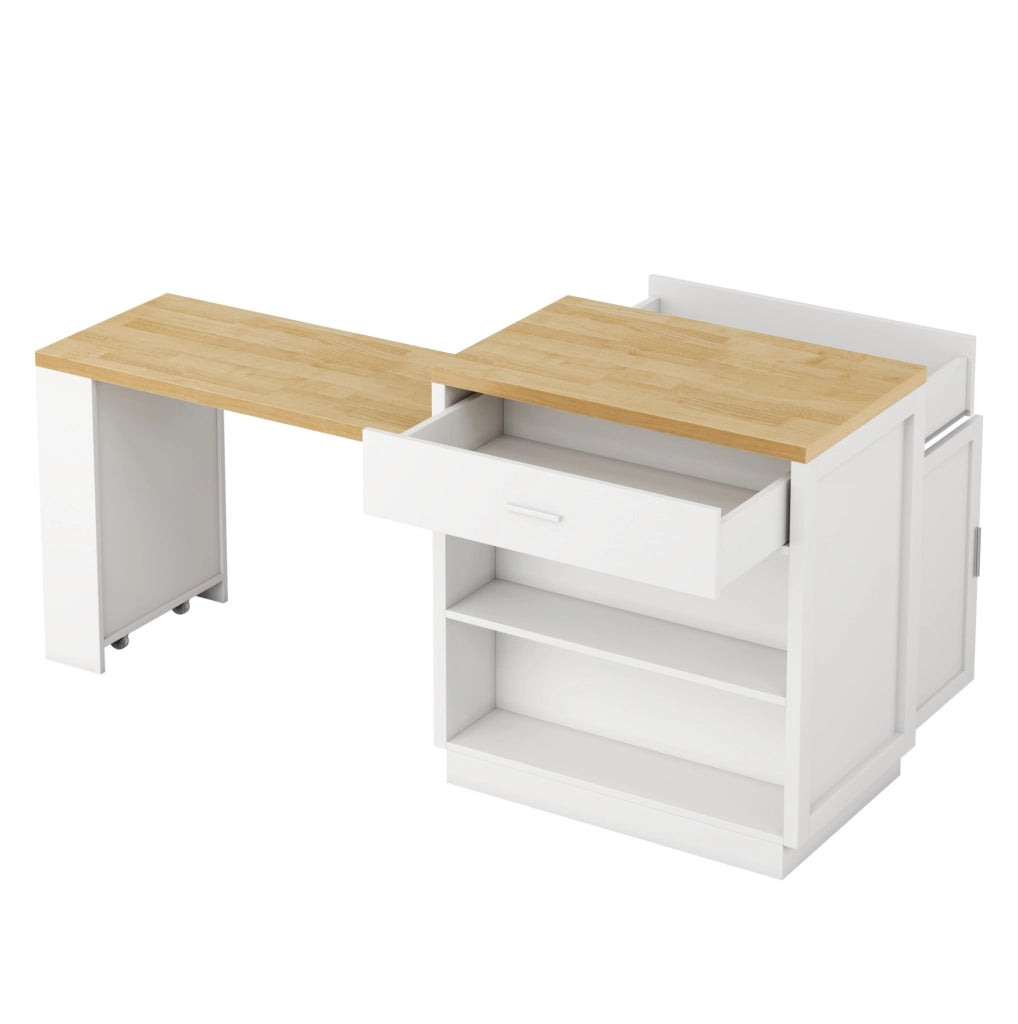 Isola cucina bianca con tavolo estraibile, prese USB e vani