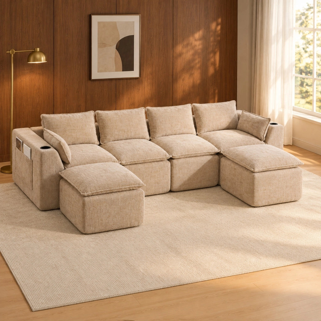 Divano modulare in ciniglia color kaki con pouf e cuscini
