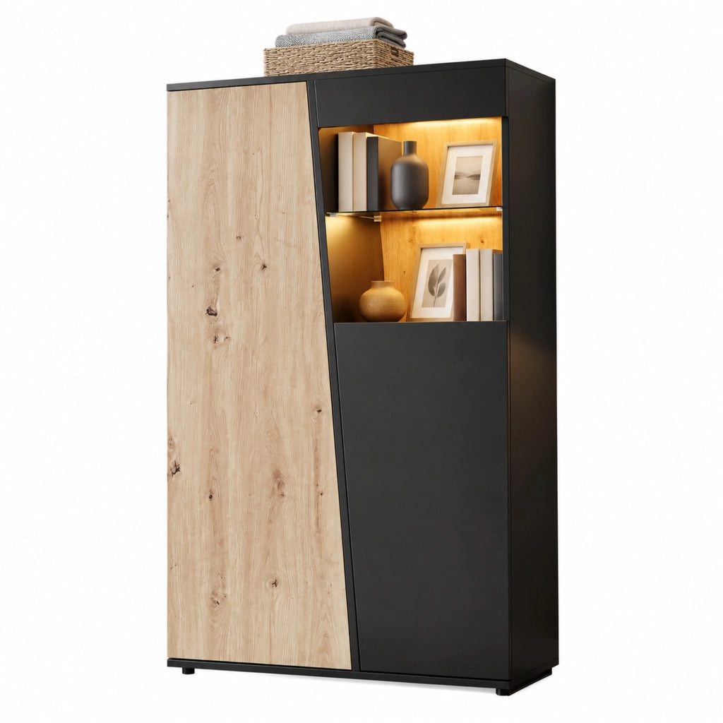 Vetrina a 2 ante con LED Bluetooth, 80 × 35 × 139,5 cm, nero e legno