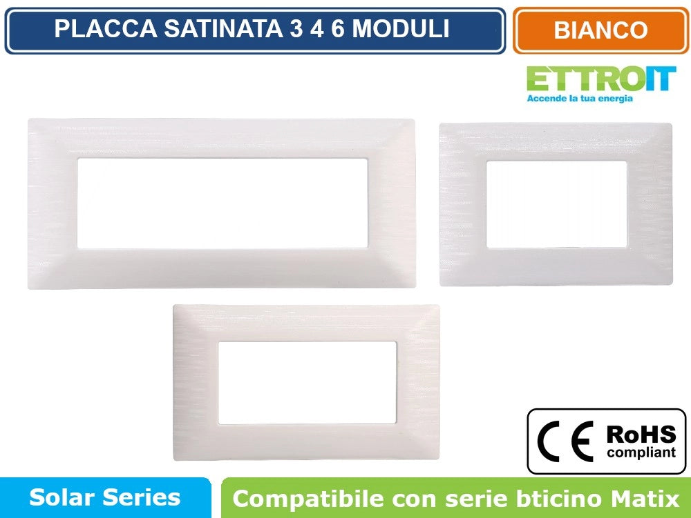 ETTROIT PLACCA SATINATA DI COLORE BIANCO COMPATIBILE CON SERIE BTICINO MATIX - Numero Moduli:4 Moduli