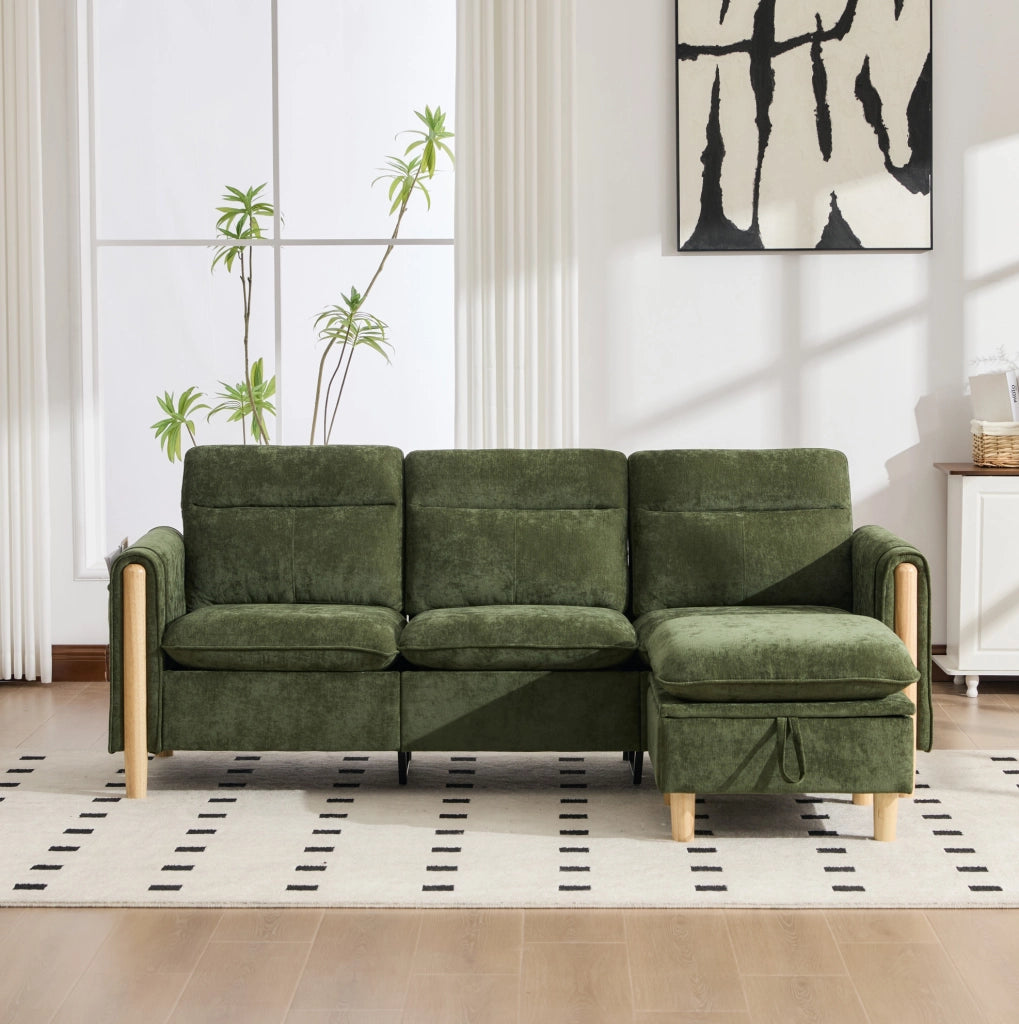 Divano a 3 posti in ciniglia verde con pouf contenitore e tasche laterali