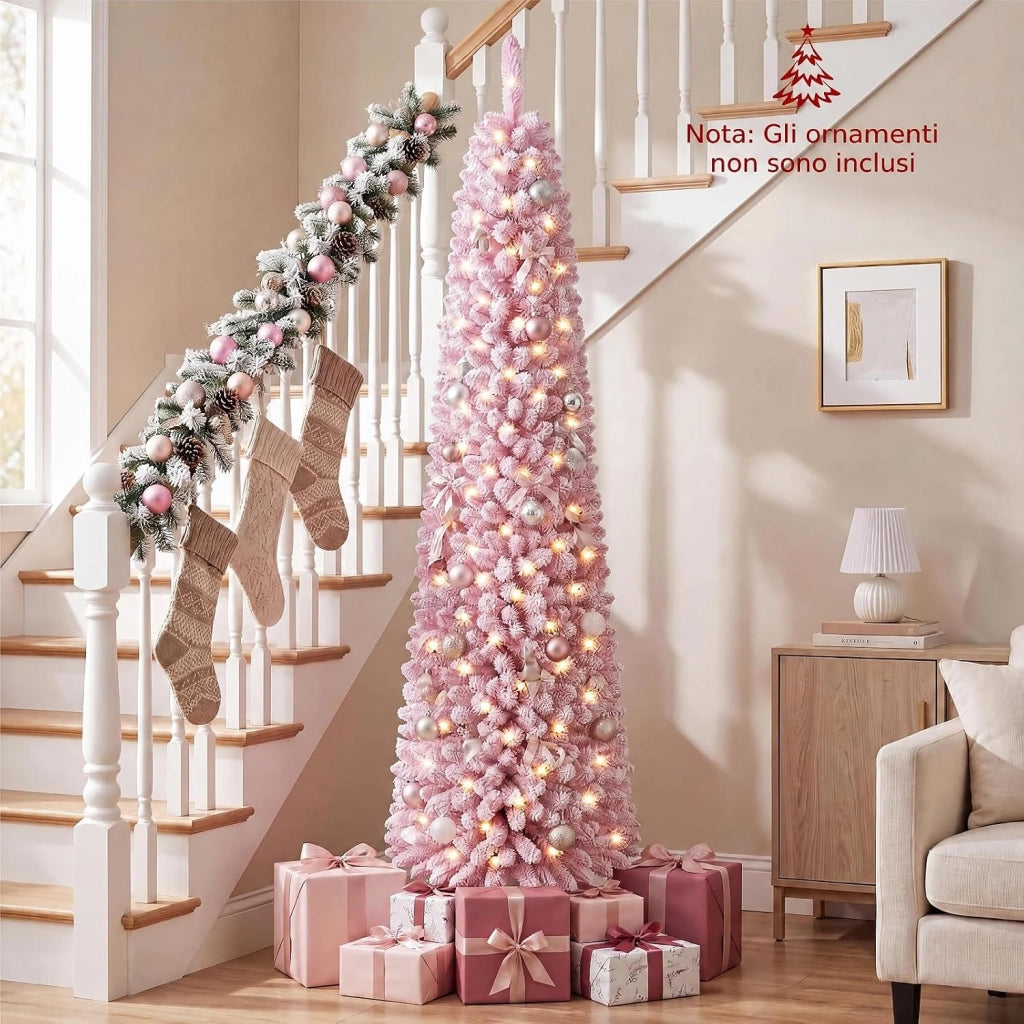 Albero Natale Slim Rosa 210cm con 190 Luci LED