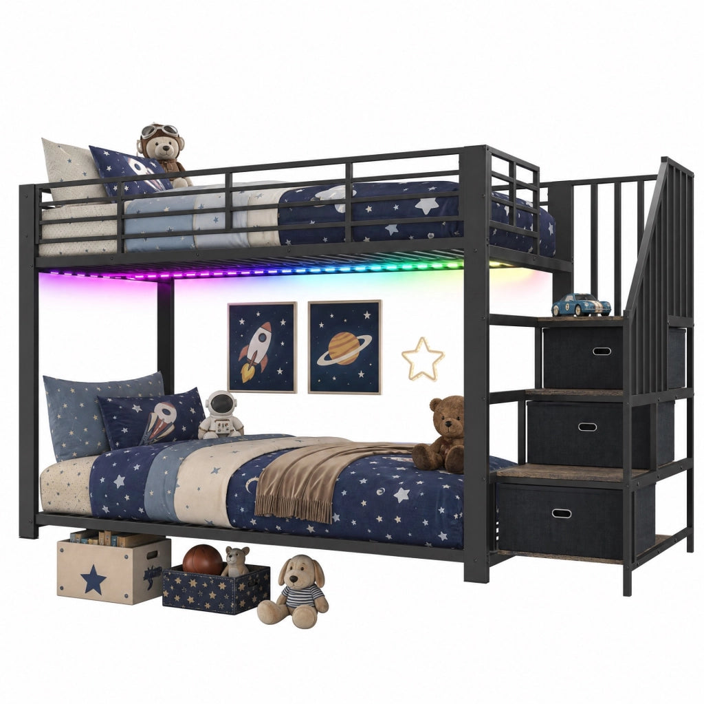 Letto a castello 90 x 200 cm in metallo e MDF con scala e LED, nero