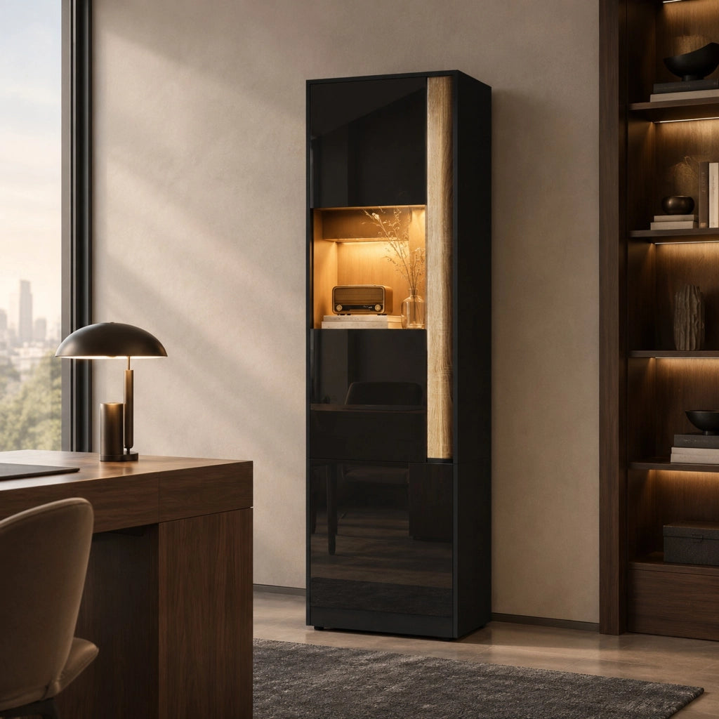 Mobile alto con illuminazione LED e 2 ante, nero e naturale