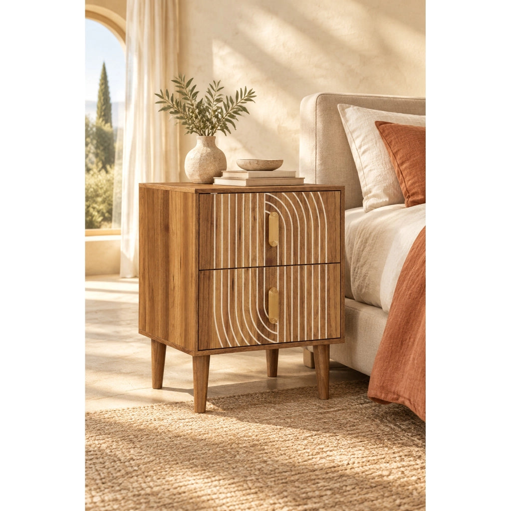 Comodino effetto noce con 2 cassetti e gambe in legno