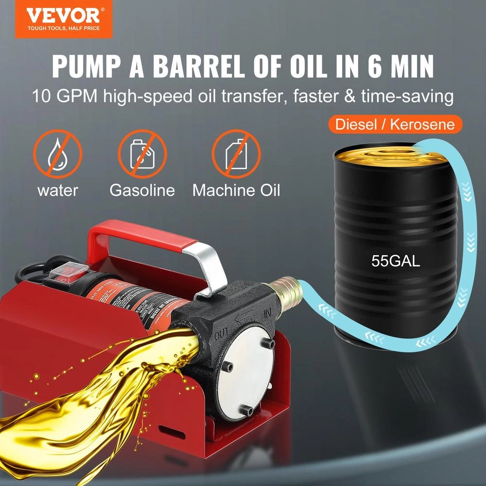 Pompa Travaso Diesel DCFD40A 12V 186W Portata 37,8L/min in Lega di Alluminio e Ghisa Robusta Portatile per Officina e Fai da Te