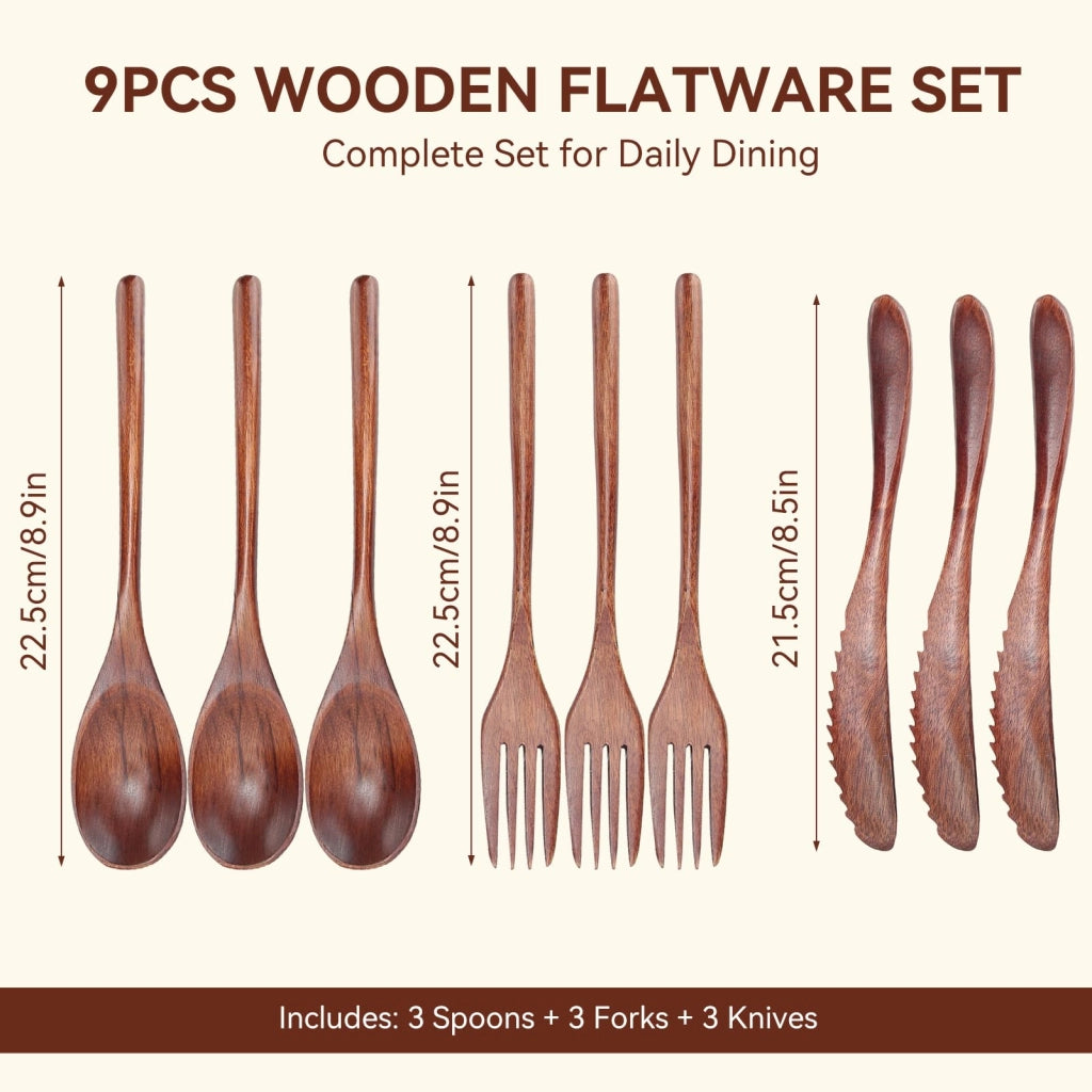 Set di posate in legno composto da 9 pezzi: cucchiai, forchette e coltelli
