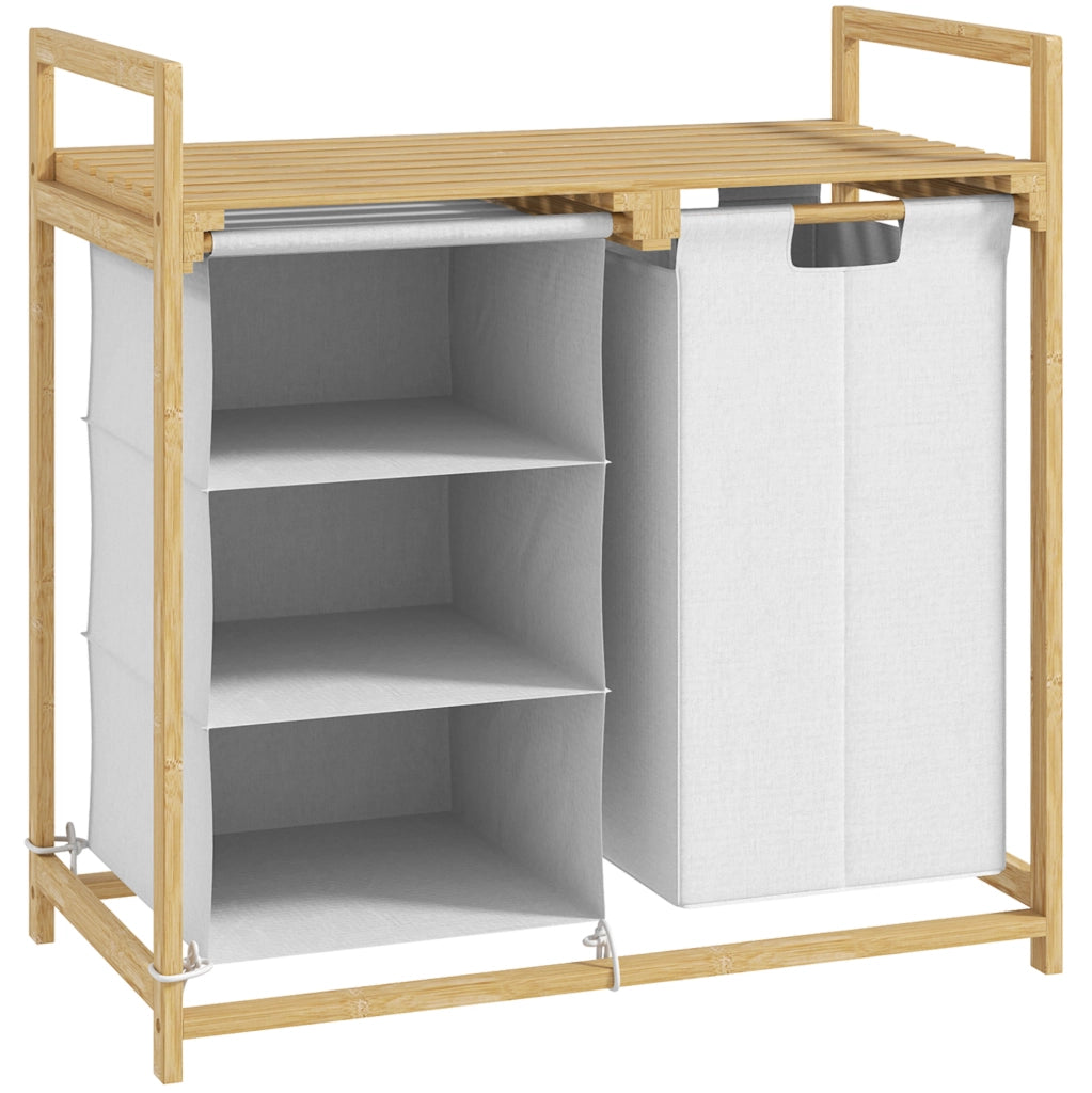 Cesto biancheria 4 scomparti 70x36x70 cm bambù bianco con 2 sacchi e ripiano